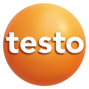 Das Testo Logo - ein orangener Ball mit einem Testo-Schriftzug.