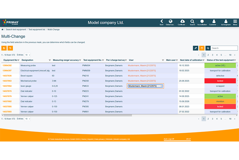 Modifications multiples des données des moyens de contrôle dans PRIMAS online