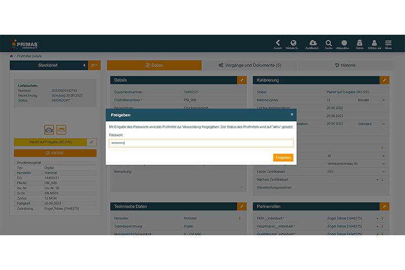 Capture d'écran de la validation de l'équipement avec demande préalable d'un mot de passe