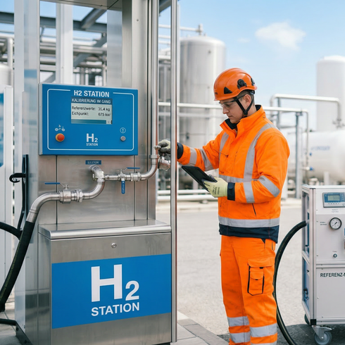 Kalibrierung von Wasserstoff-Durchflussmessern Person die eine Wartung an einer Wasserstoff Tankstelle durchführt
