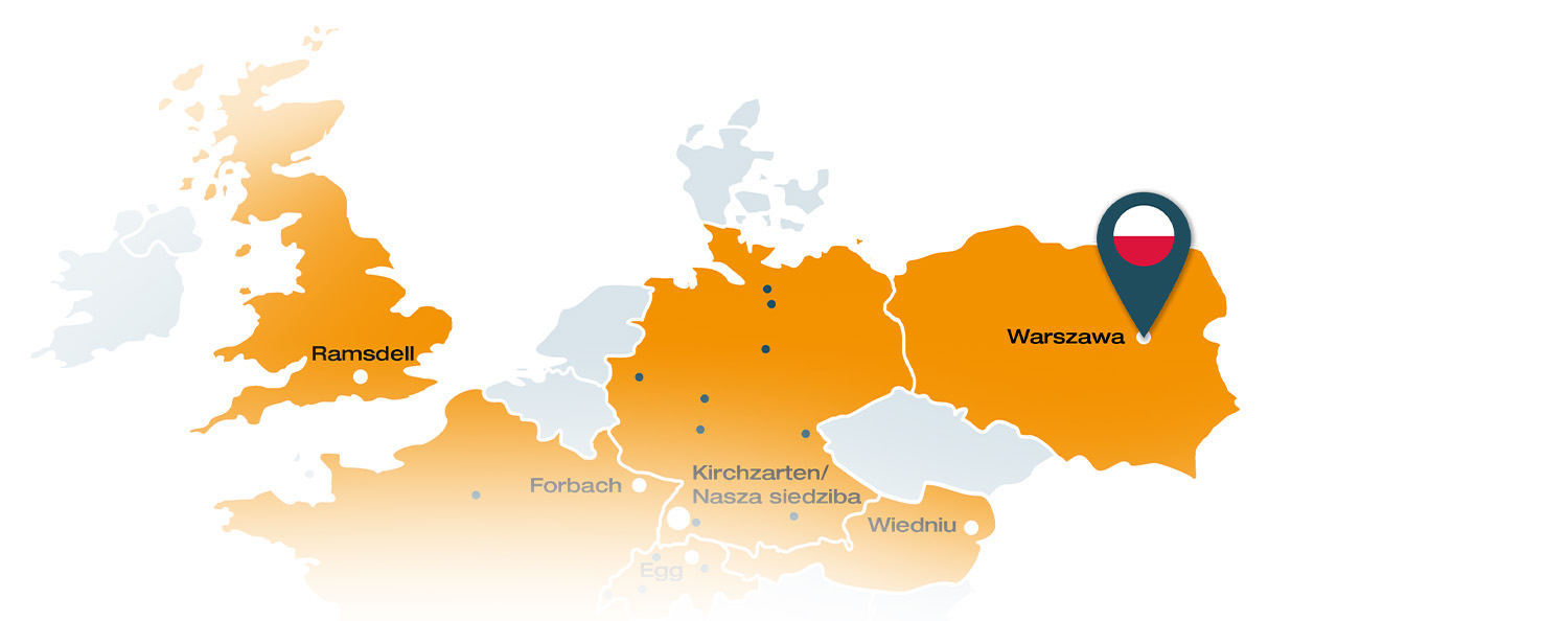 Ein Pin markiert auf einer Landkarte unseren neuen Standort in Polen.