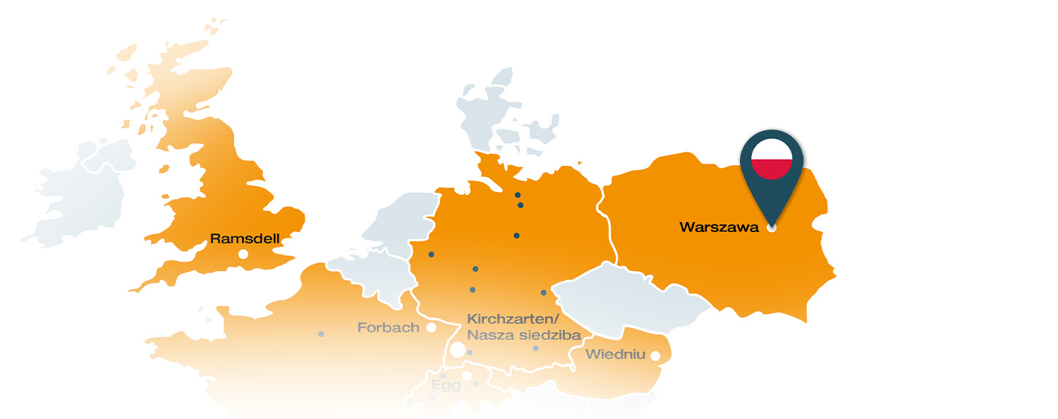 Unser neuer Standort in Polen Ein Pin markiert auf einer Landkarte unseren neuen Standort in Polen.
