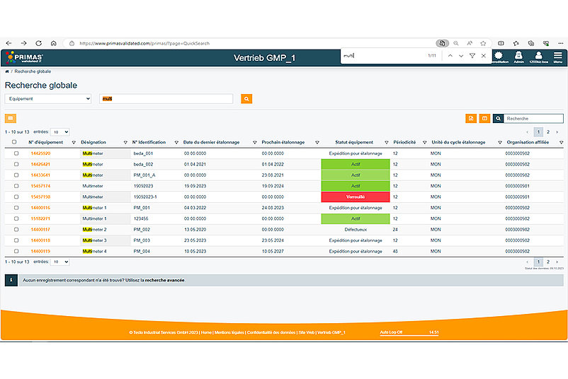 Capture d'écran de la fonction de recherche globale dans PRIMAS validated