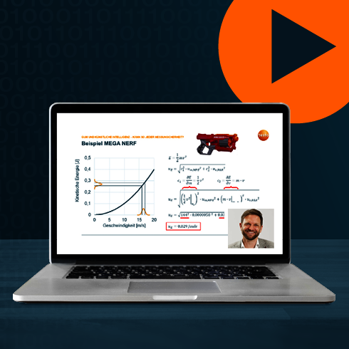 GUM und KI – Kann so jeder Messunsicherheit? Ein Laptop auf dem eine Folie aus dem Webinar zu GUM und KI abgebildet ist, in der unteren Ecke ein Bild des Sprechers. Im Hintergrund ist ein orangener Play-Button.